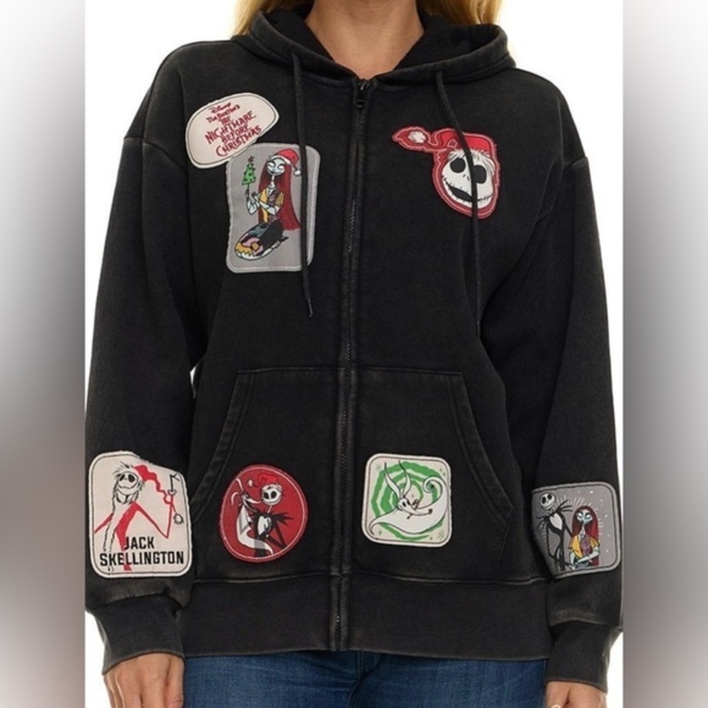 The Nightmare Before Christmas Women's Black Patch Full Zip Hoodie - Large NEW